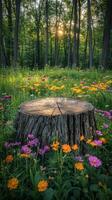 A tree stump in a field with flowers and trees photo