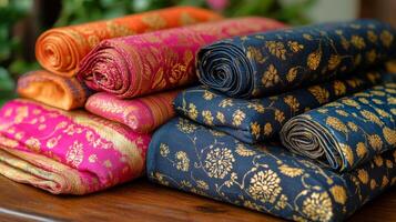 A pile of colorful silk fabric on a table photo