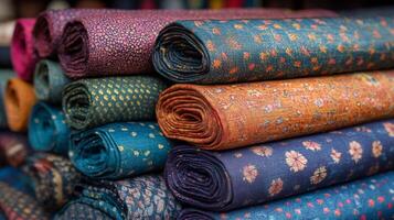 Many colorful fabrics are stacked together photo