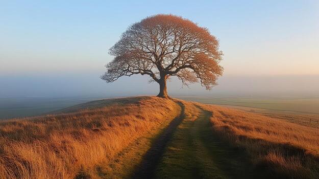 A lone tree stands on a hill in the fog photo