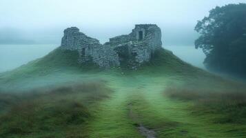 A foggy landscape with a ruined castle in the distance photo
