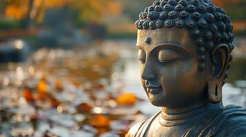A buddha statue is sitting in front of a pond photo