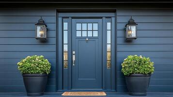 A blue front door with two planters on either side photo