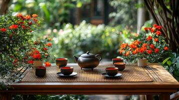 Tea set on a table in front of a garden photo