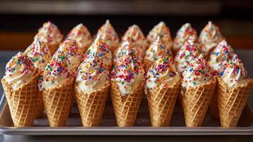 A tray of ice cream cones with sprinkles photo