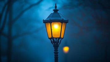 A street light is lit up in the fog photo