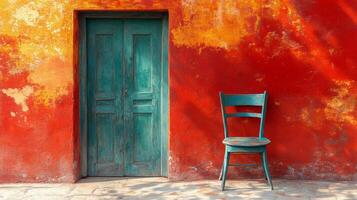 A chair sitting in front of a red painted wall photo