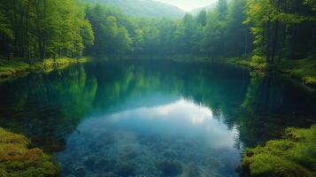 A lake surrounded by trees and green grass photo