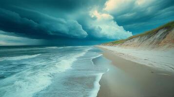 A beach with waves and a stormy sky photo