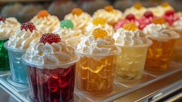 A display of colorful drinks in plastic cups photo