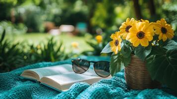 A book, sunglasses and a vase of sunflowers on a blanket in the garden photo