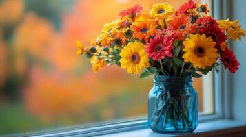 A vase filled with colorful flowers sitting on a windowsill photo