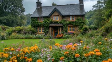 A house surrounded by flowers and trees photo