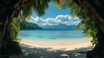 A beach with palm trees and a view of the ocean photo