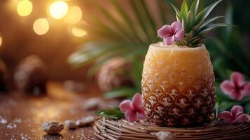 A pineapple drink with flowers and a pineapple on a wooden table photo