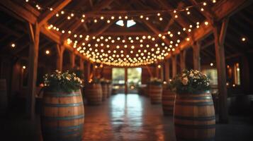 A barn with wooden barrels and lights photo
