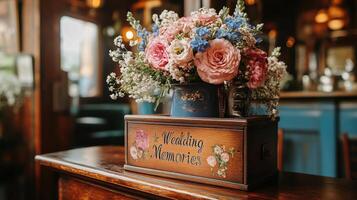Wedding flowers in a wooden box photo