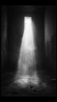 A black and white photo of a light shining through a window