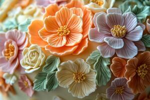A close up of a cake decorated with flowers photo