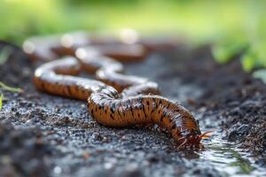 A large brown worm crawling across the ground photo