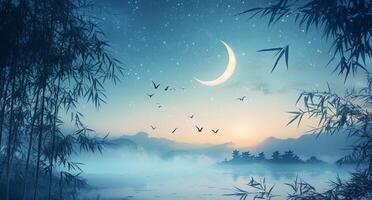 A beautiful night scene with a crescent moon and birds flying over a lake photo