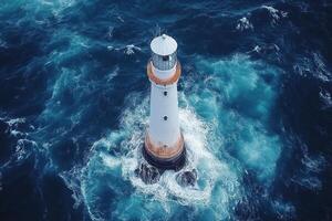 An aerial view of a lighthouse in the ocean photo