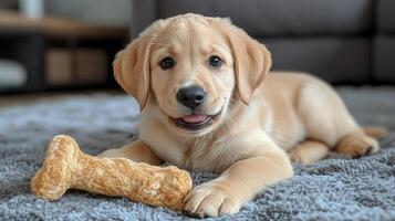 Adorable puppy playing with a chew toy on a cozy carpet inside a living room photo