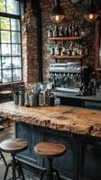 A bar with stools and a counter photo