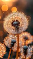 Dandelions with water droplets at sunset photo