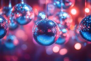 Many shiny blue disco balls hanging from a string photo