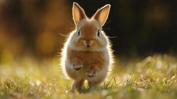 Small rabbit exploring green grass in a sunny park during late afternoon photo