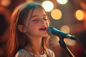 A little girl singing into a microphone photo
