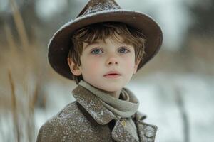 A young boy in a hat and coat standing in the snow photo
