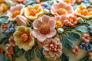 A close up of a cake decorated with flowers photo