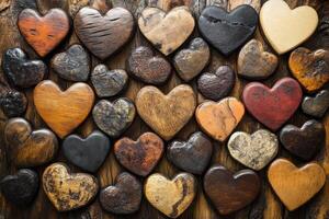 A large group of wooden hearts arranged in a row photo
