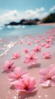 Pink cherry blossoms gently resting on the shoreline during sunset at a tranquil beach photo
