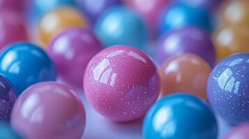 Colorful water beads in pink and blue arranged closely, showcasing texture and light reflections photo