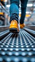 A person walking on an escalator photo