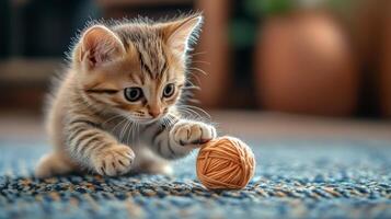 A kitten playing with a ball of yarn photo