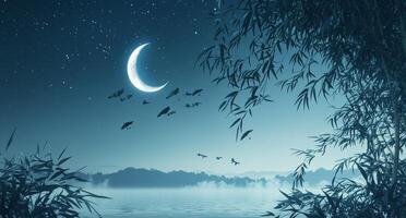 A crescent moon and birds flying over a lake photo