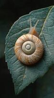 A snail is crawling on a leaf photo