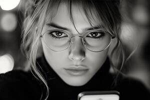 A woman wearing glasses and holding a cell phone photo