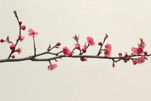 A branch of pink flowers is shown against a white background photo