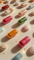 A collection of colorful pills arranged on a table photo