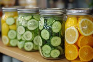 A row of jars filled with sliced lemons and cucumbers photo