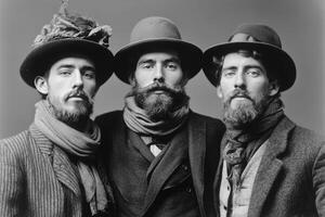 Three men wearing hats and scarves pose for a photo