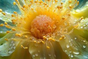A close up of a yellow flower with water droplets photo