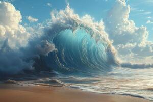 A large wave breaking on the beach photo