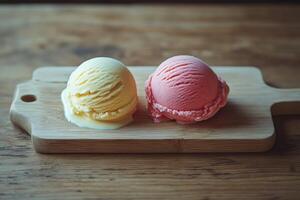 Two scoops of ice cream on a wooden cutting board photo