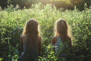 Two little girls sitting in a field of grass photo